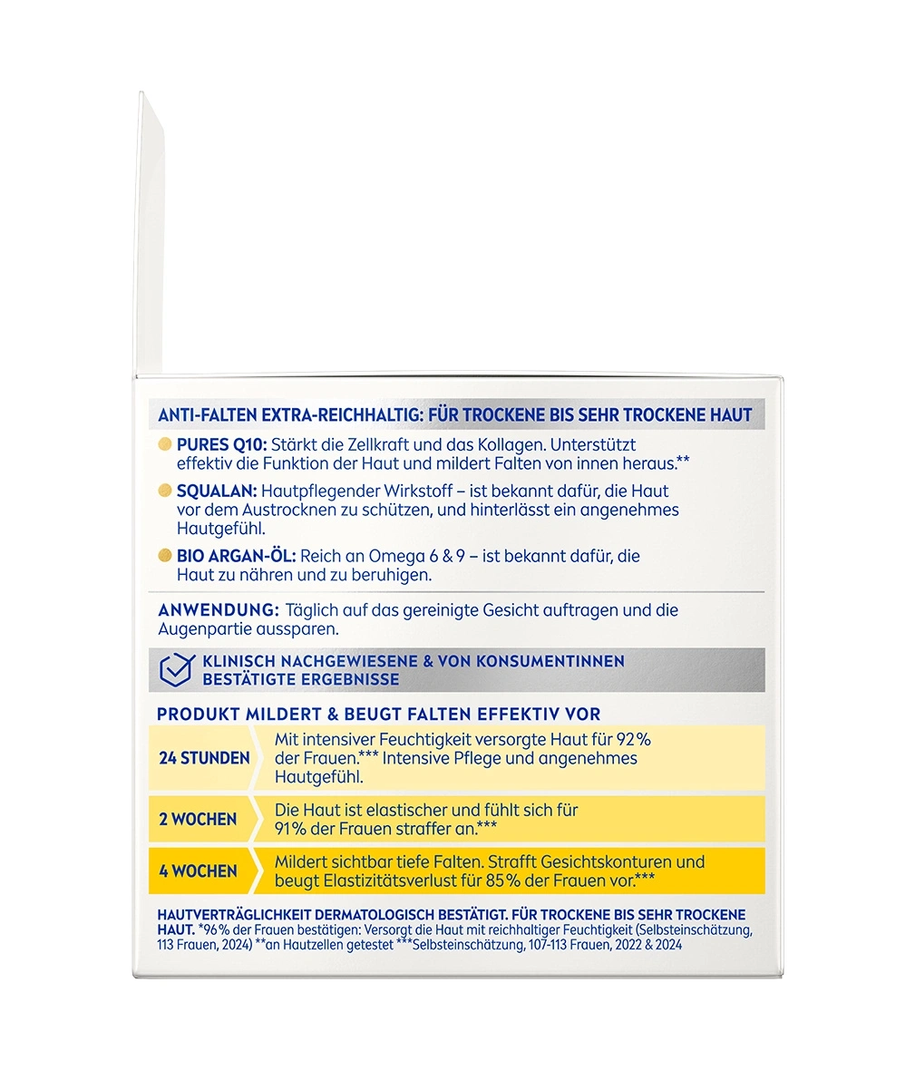 Anti-Falten Extra-Reichhaltige Creme für trockene Haut mit Q10, Squalan und Arganöl.