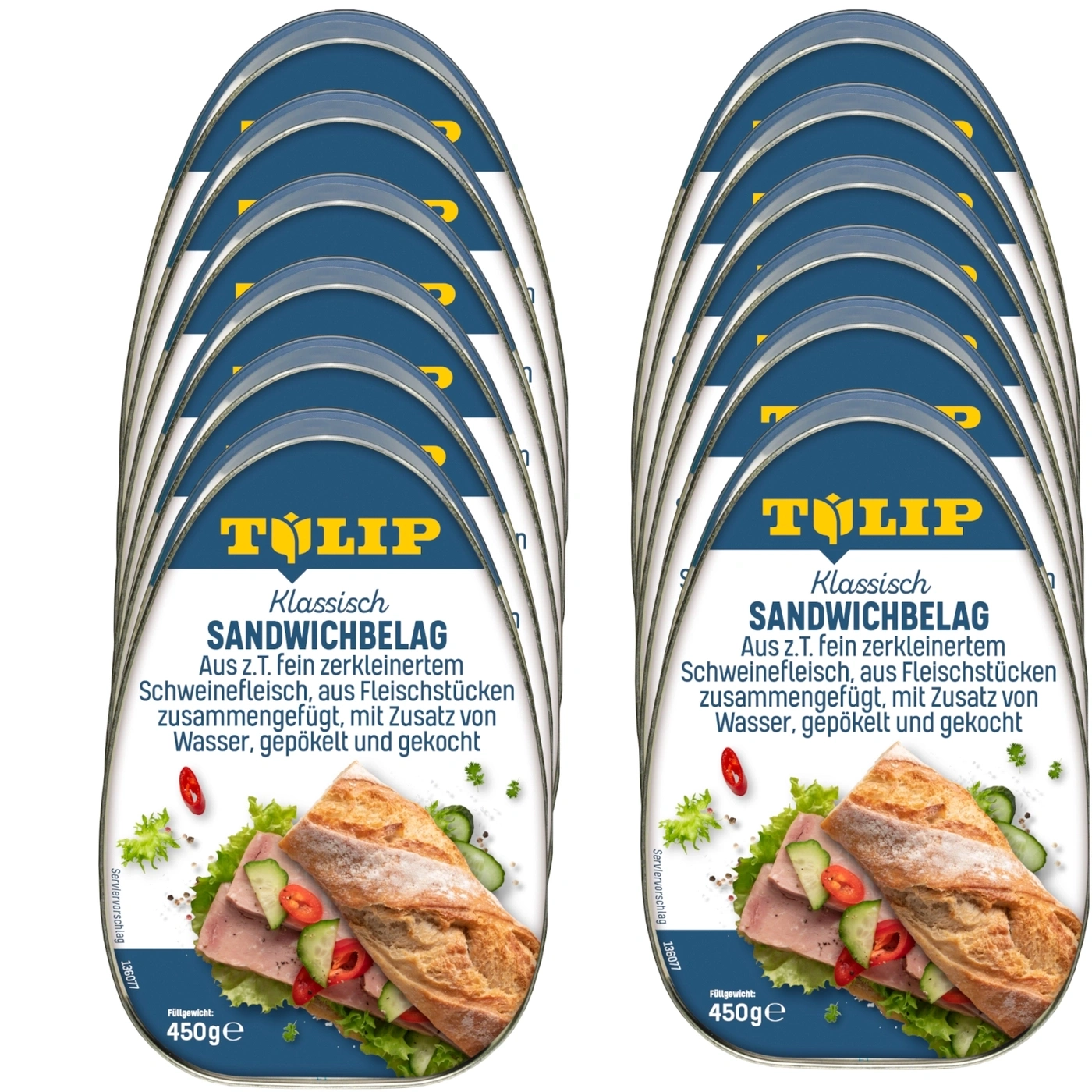 Zwei Stapel Sandwichbelag-Dosen mit Text und einem Sandwich-Bild, 450g Füllgewicht.