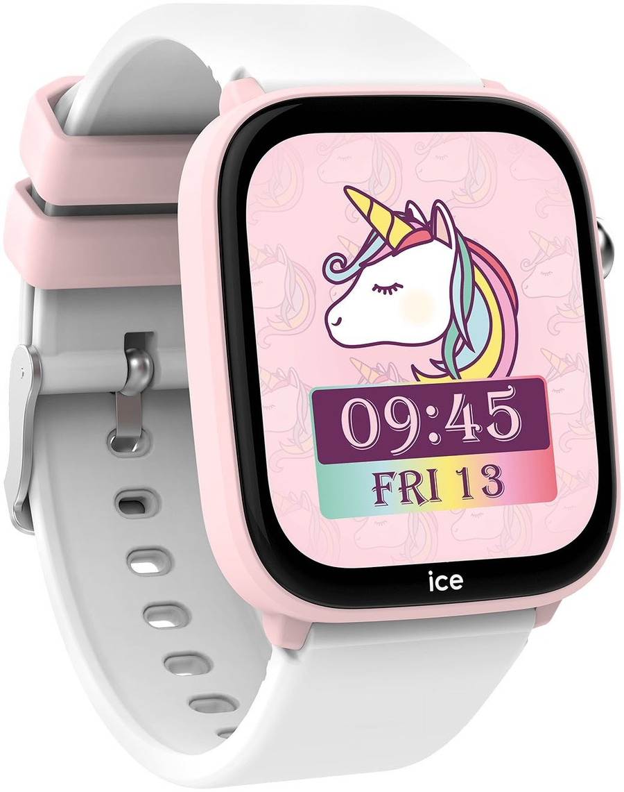 Ein rosa Smartwatch mit einem Einhorn-Display, zeigt 09:45 Uhr an.