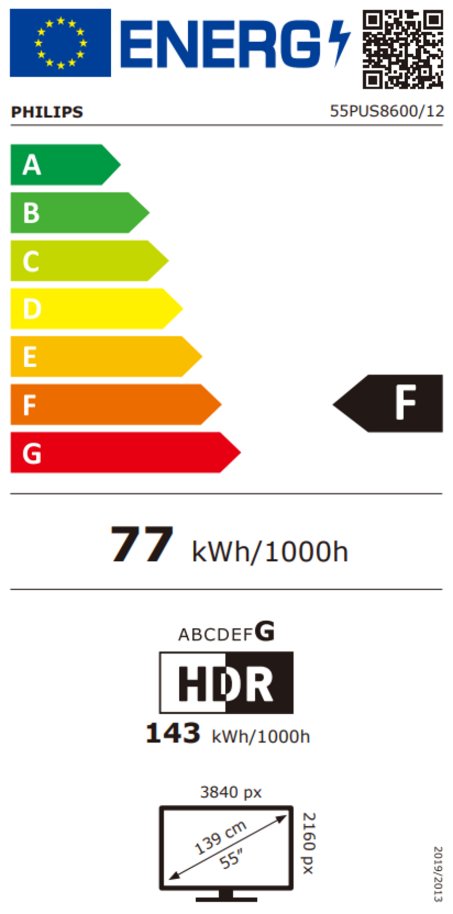 Energieeffizienzlabel Philips Fernseher 55PUS8600/12, Energieklasse F, 77 kWh/1000h