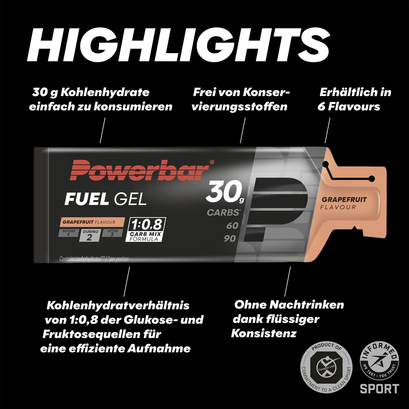 Powerbar Fuel Gel mit 30g Kohlenhydrate in Grapefruit Geschmack.