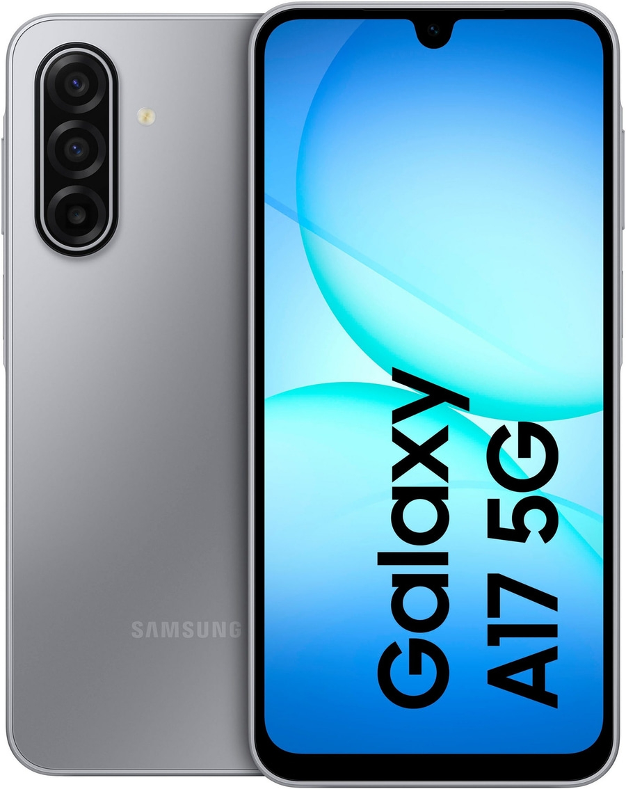 Silbernes Samsung Galaxy A17 5G Smartphone mit drei Kameras auf der Rückseite und einem großen Display.