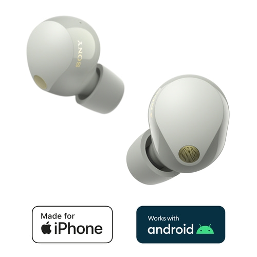 Sony-Kopfhörer, grau, mit 'Made for iPhone' und 'Works with Android' Logos
