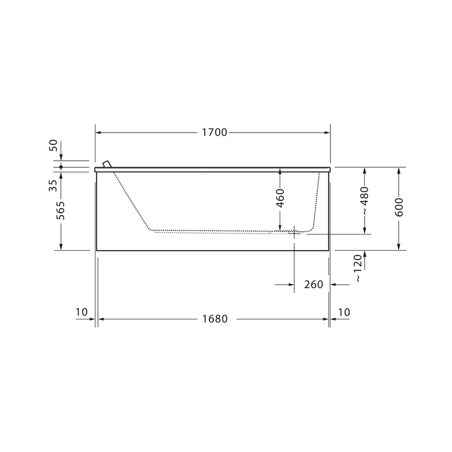 Badewanne mit Maßen: 1700mm, 1680mm, 600mm, 480mm, 460mm, 565mm, 50mm, 35mm, 260mm, 120mm, 10mm.