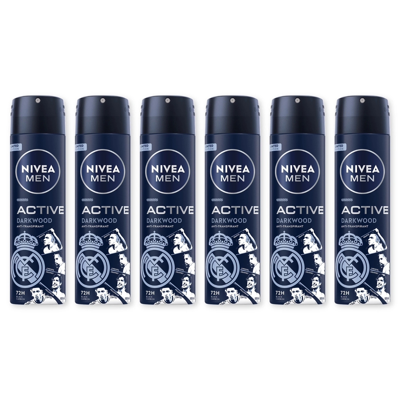 Sechs Nivea Men Active Darkwood Deosprays mit Real Madrid-Logo, weiße Schrift und Bilder von Fußballspielern.