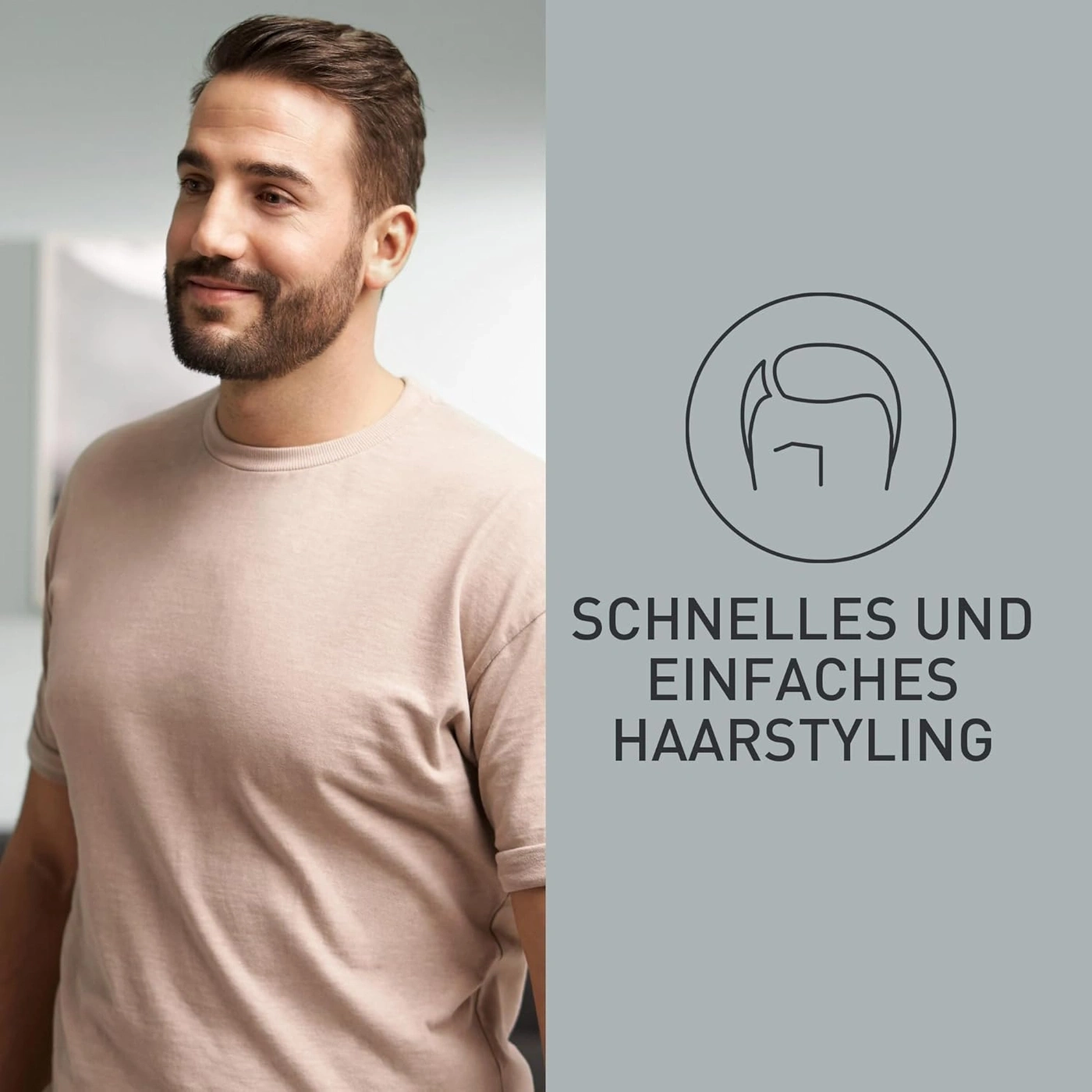 Ein Mann mit kurzem Haar und Bart trägt ein beiges T-Shirt. Daneben ist ein Kreis mit einem stilisierten Kopf und der Aufschrift 