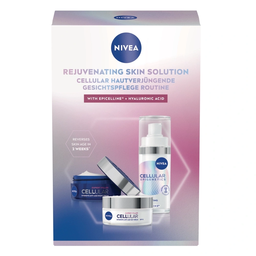 Nivea "Rejuvenating Skin Solution" Geschenkset mit Tagescreme, Nachtcreme und Serum.