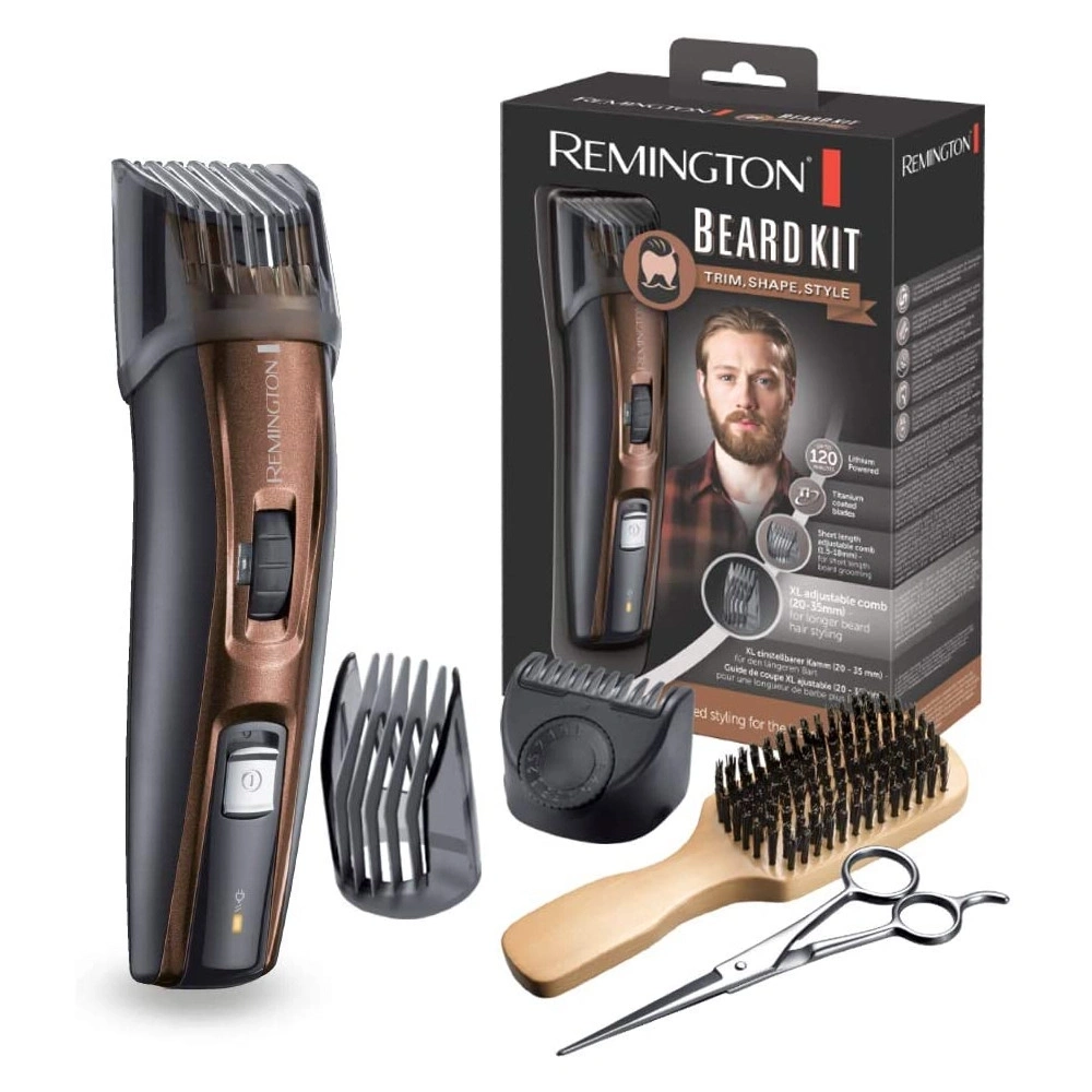 Ein Remington Barttrimmer-Set mit Trimmer, Kämmen, Bürste und Schere.