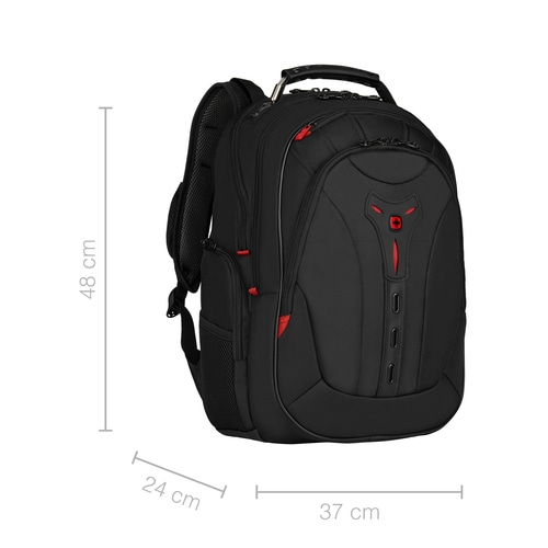 Schwarzer Rucksack mit roten Akzenten, 48 cm hoch, 24 cm breit, 37 cm tief.