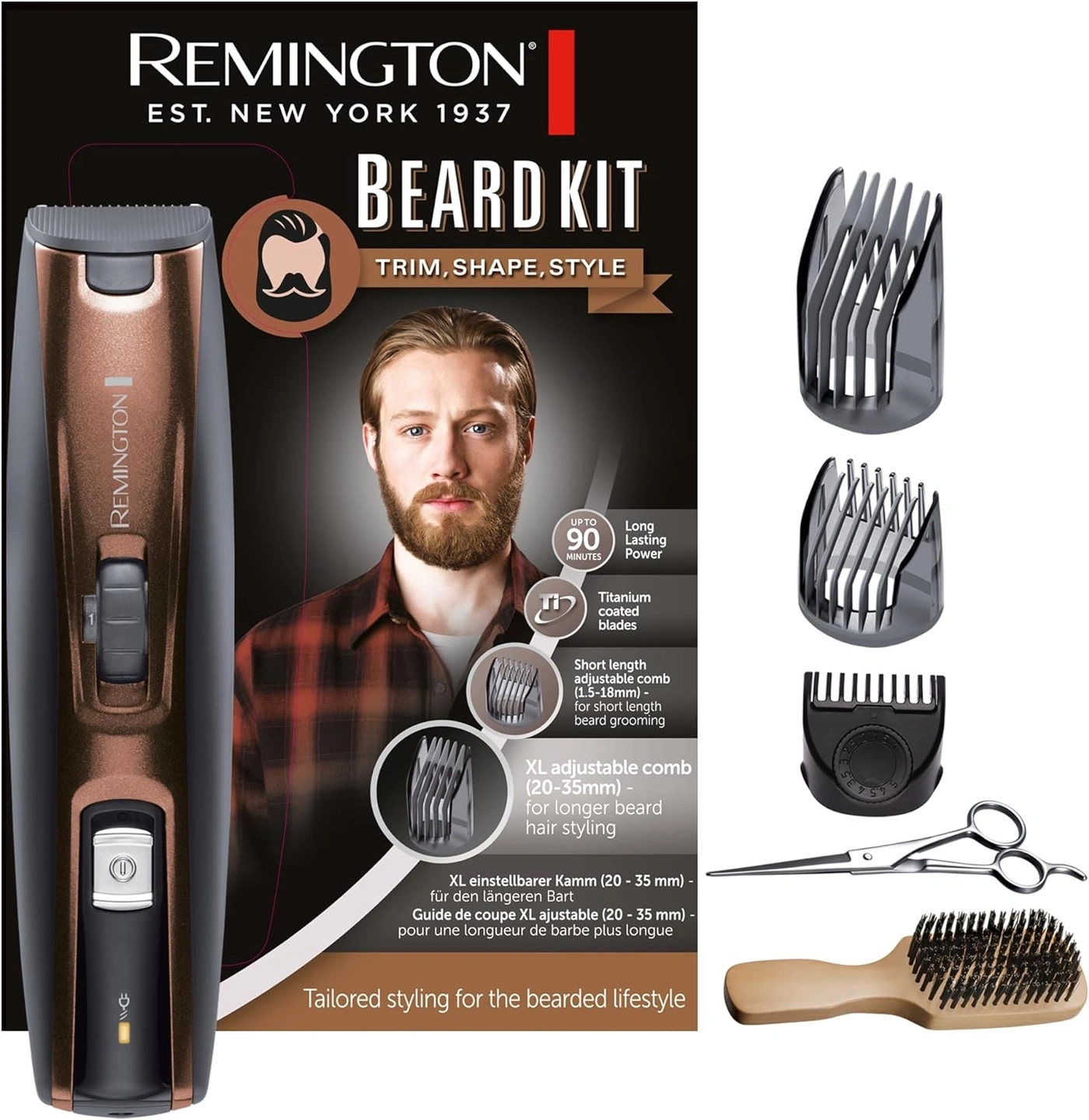 Remington Bartschneider Set mit Kämmen, Schere und Bürste für Bartpflege.