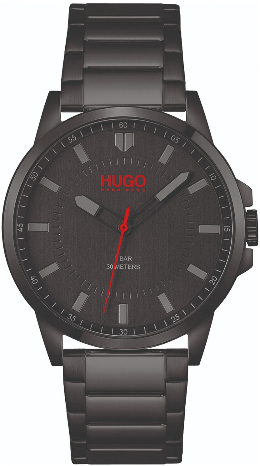Eine dunkle Hugo Boss Armbanduhr mit roten Akzenten