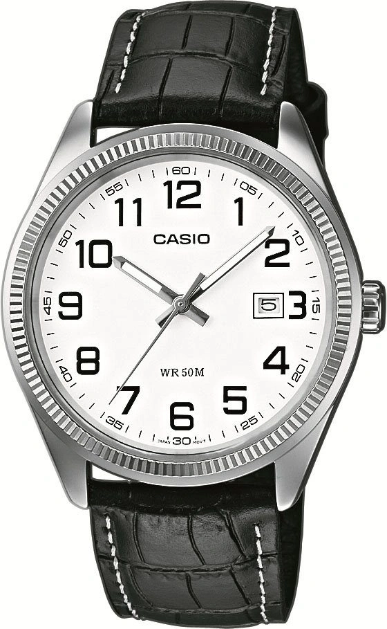 Eine weiße Casio-Uhr mit schwarzem Lederarmband.