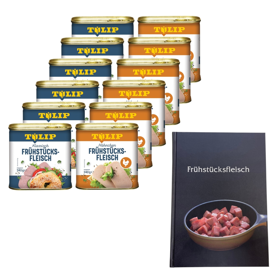 TULIP Bundle 12x Frühstücksfleisch Schwein Hähnchen 340g Delikatesse + Kochbuch