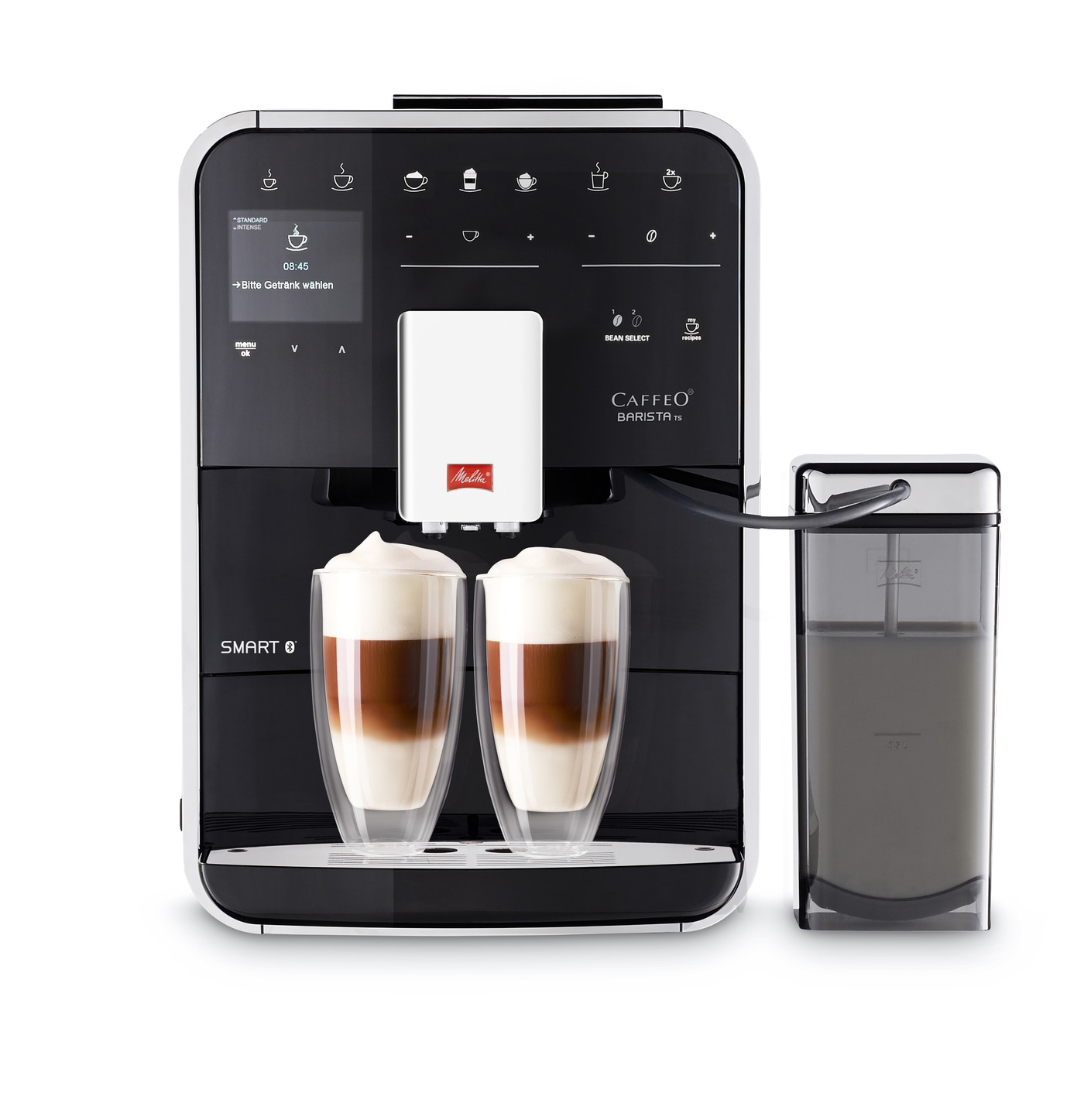Kaffeevollautomat mit zwei Gläsern Latte Macchiato, Milchbehälter und Display.