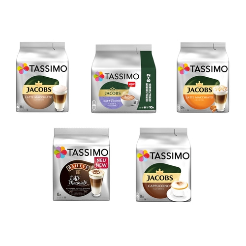 TASSIMO Kapseln Milk Range Vielfaltspaket T-Discs 40 Getränke 5 Sorten Kaffee