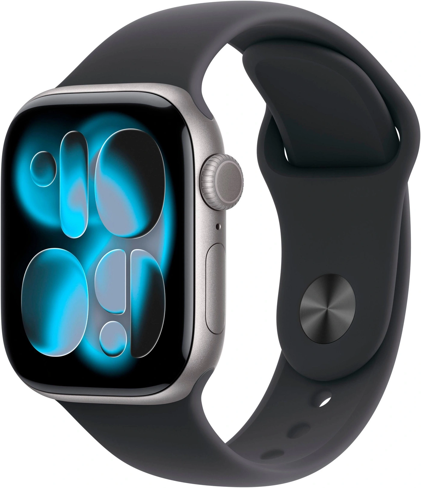 Eine stilvolle graue Smartwatch mit einem dunklen Armband und einem blauen Zifferblatt, das Zahlen anzeigt.