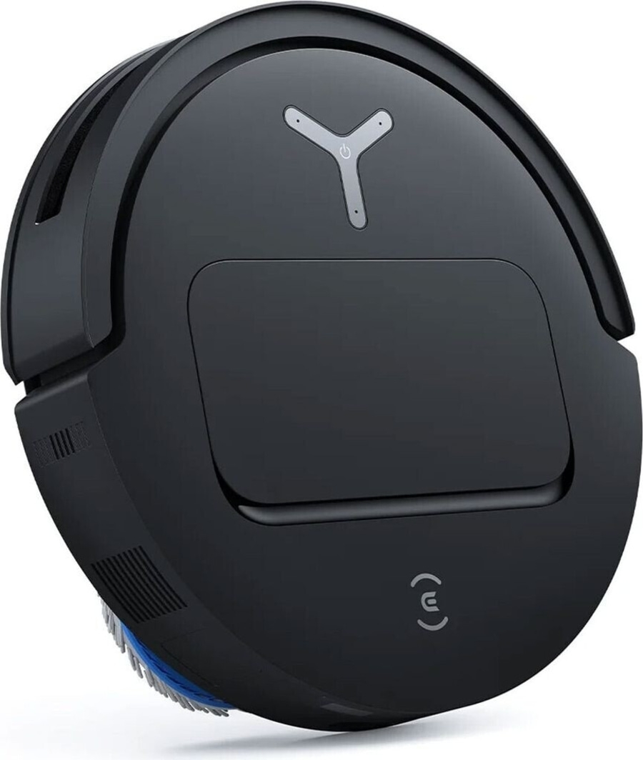 Schwarzer Roboter-Staubsauger mit Bedienfeld und Bürste, modernes Design.