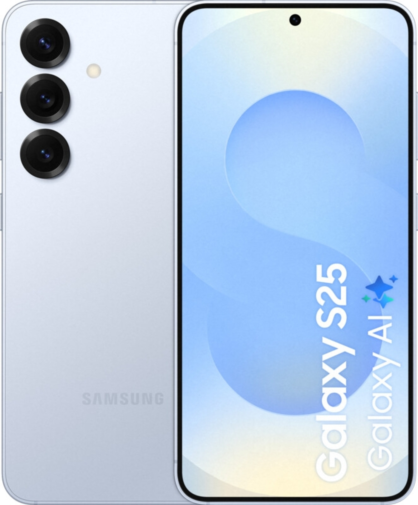 Samsung Galaxy S25 Smartphone, hellblau, mit drei Kameras und AI-Funktionen