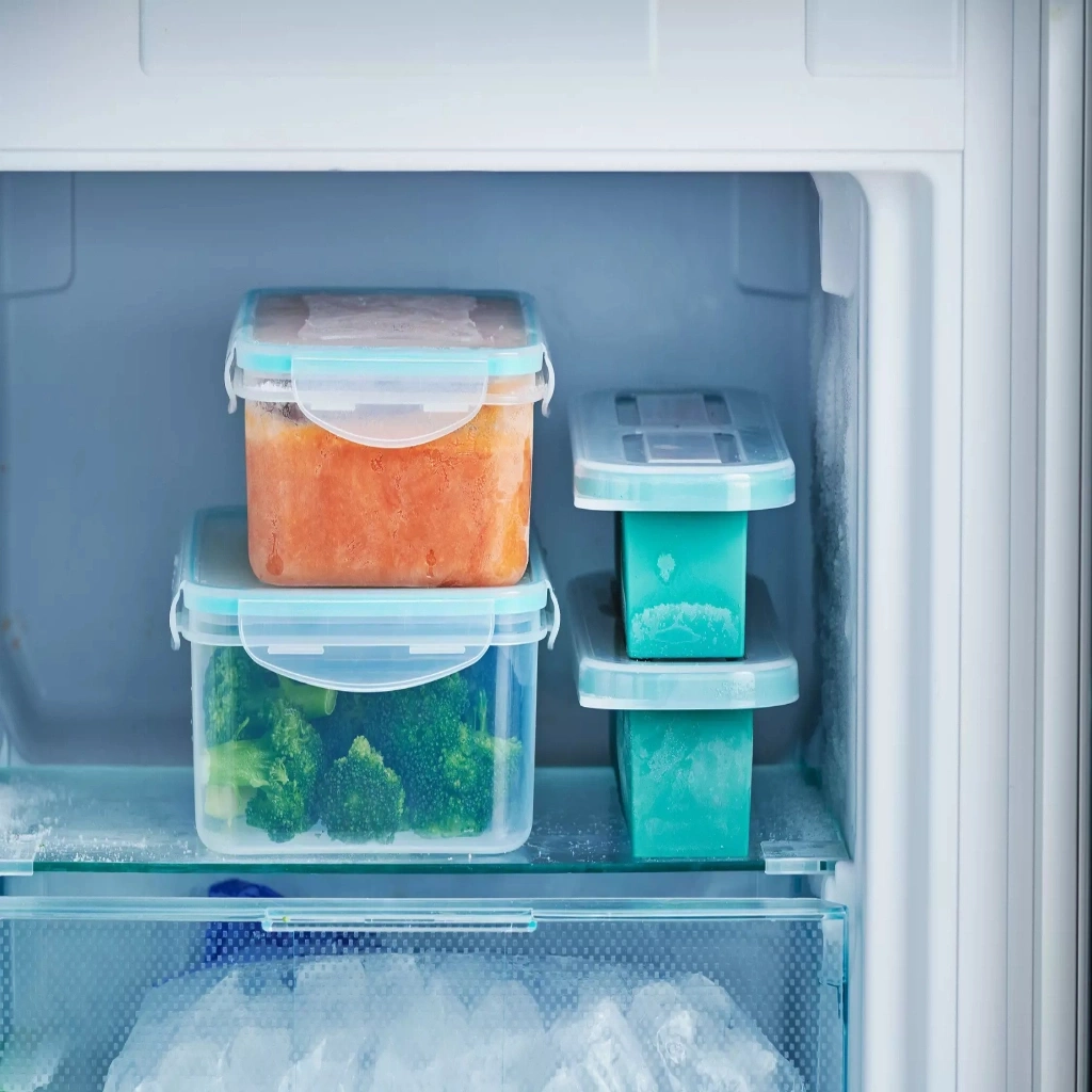 Gefrierbehälter mit Brokkoli und Karotten im Kühlschrank, Eiswürfelbehälter daneben.