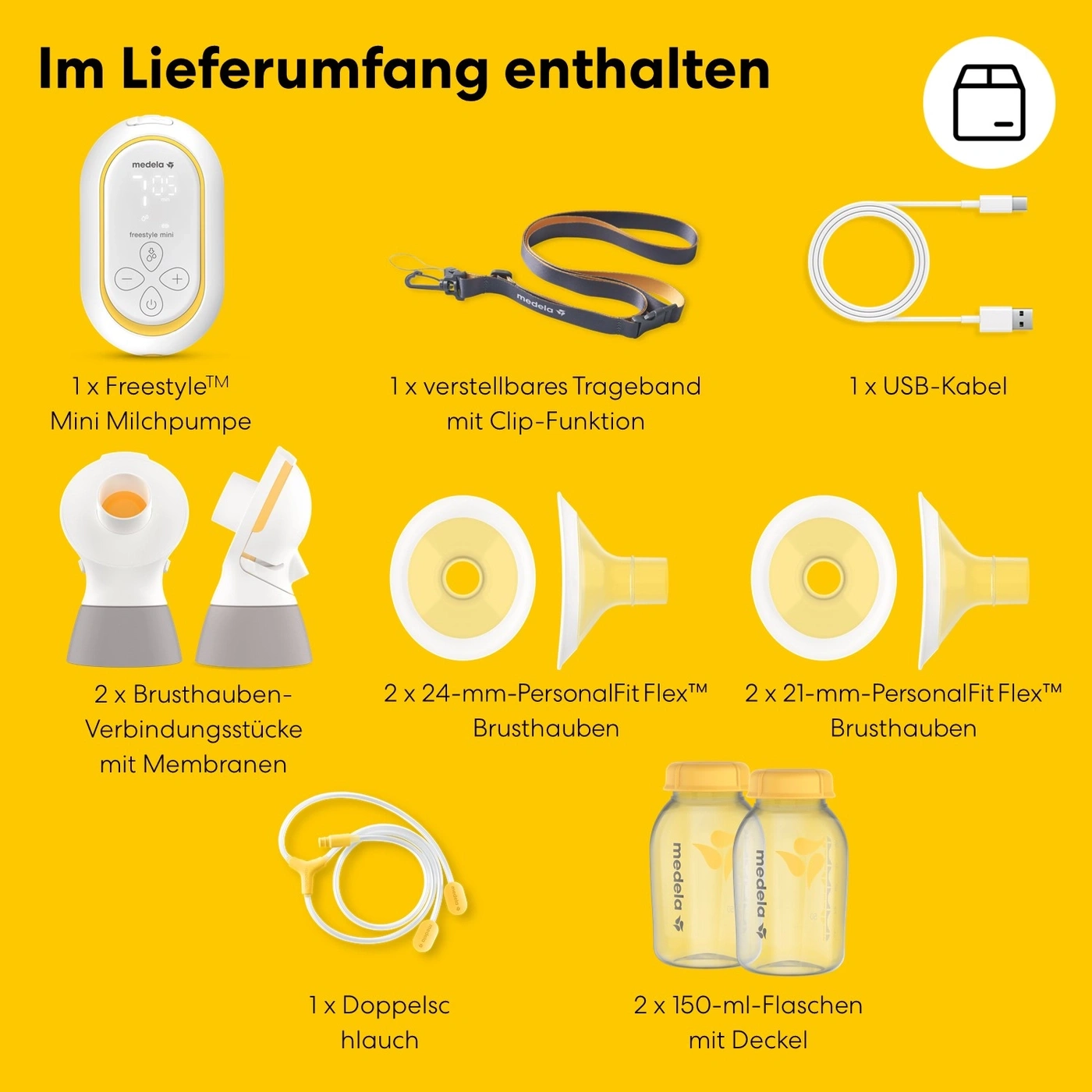 Medela Freestyle Mini Milchpumpe und Zubehör im Lieferumfang