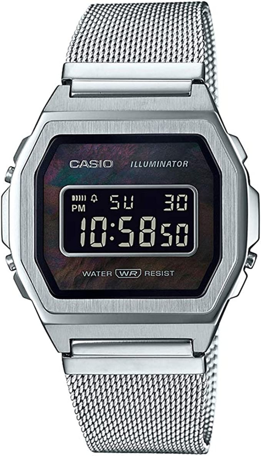 Silberne Casio Uhr mit digitalem Display und Mesh-Armband, beleuchtet, wasserdicht