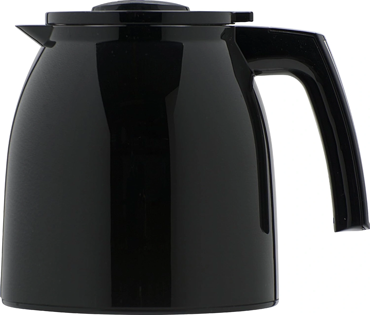 Schwarze Kaffeekanne mit Griff und Deckel, Nahaufnahme, glänzend, isoliert
