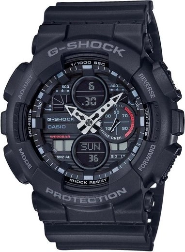Schwarze G-Shock-Uhr mit analoger und digitaler Anzeige und Schutzfunktion.