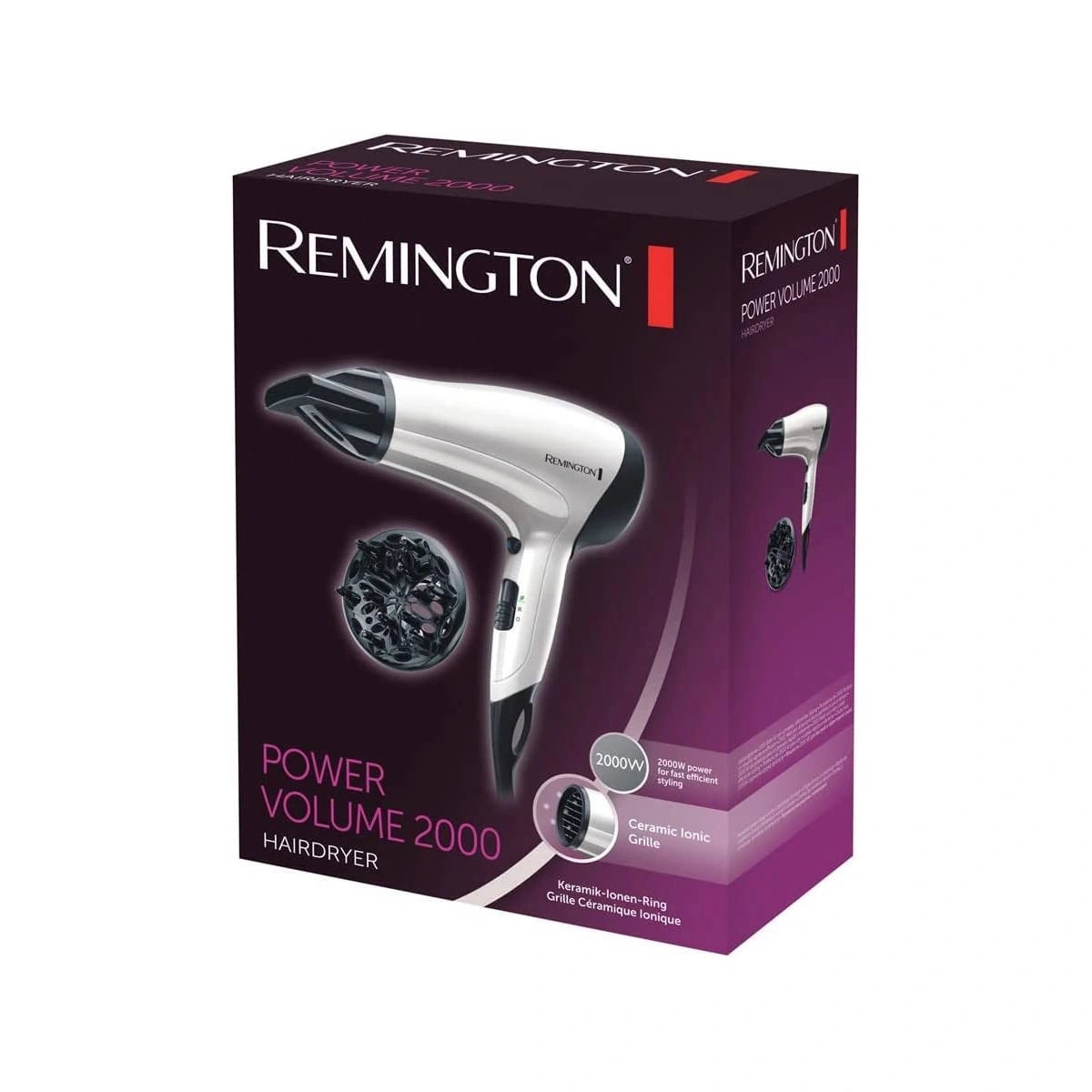 Remington Power Volume 2000 Haartrockner, weiß, mit Keramik-Ionen-Grille, 2000W Leistung.