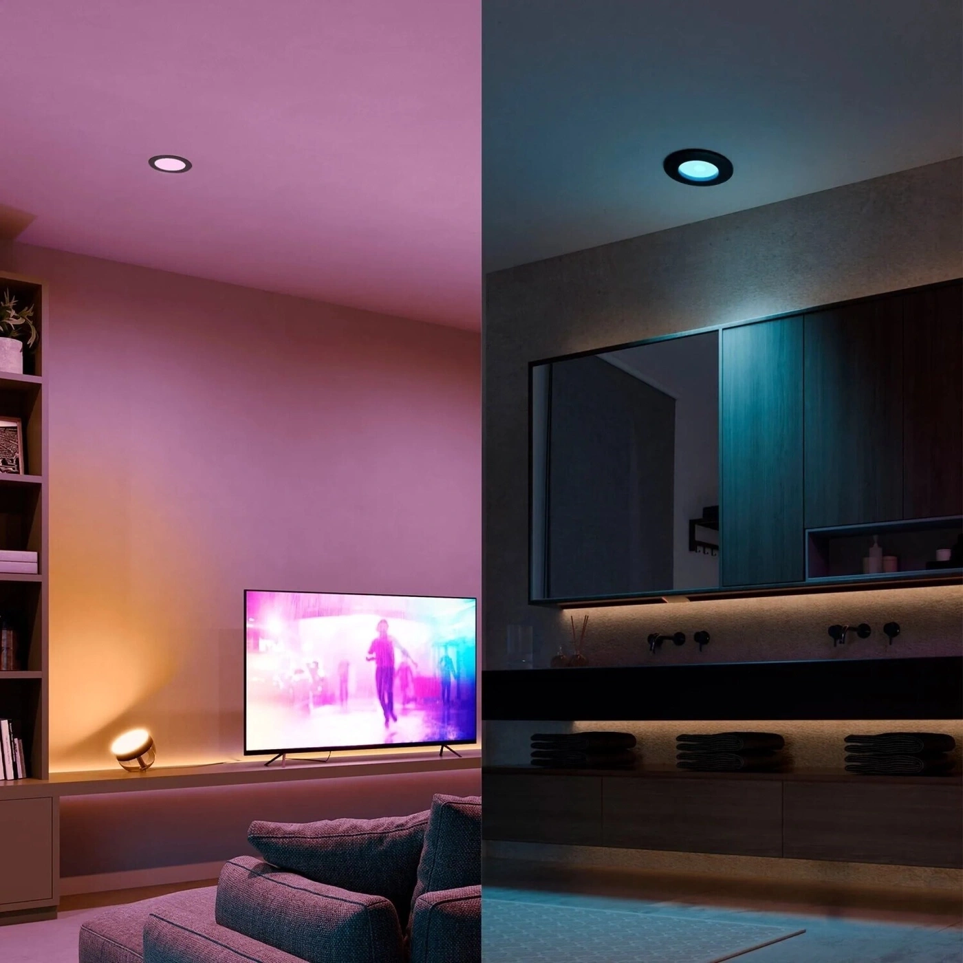 Ein moderner Wohnbereich mit farbigen Lichtern und ein Badezimmer mit gedämpftem Licht