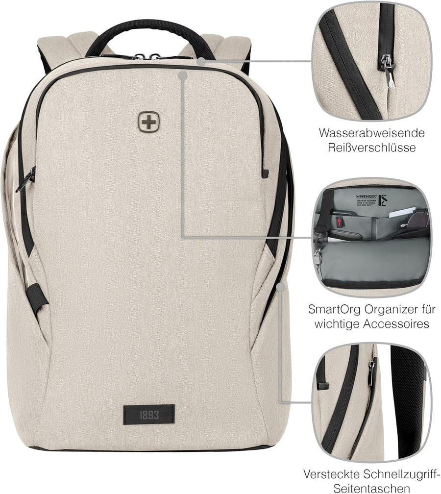 Beiger Rucksack mit Reißverschlüssen, Organizer und Seitentaschen. Wasserabweisend.