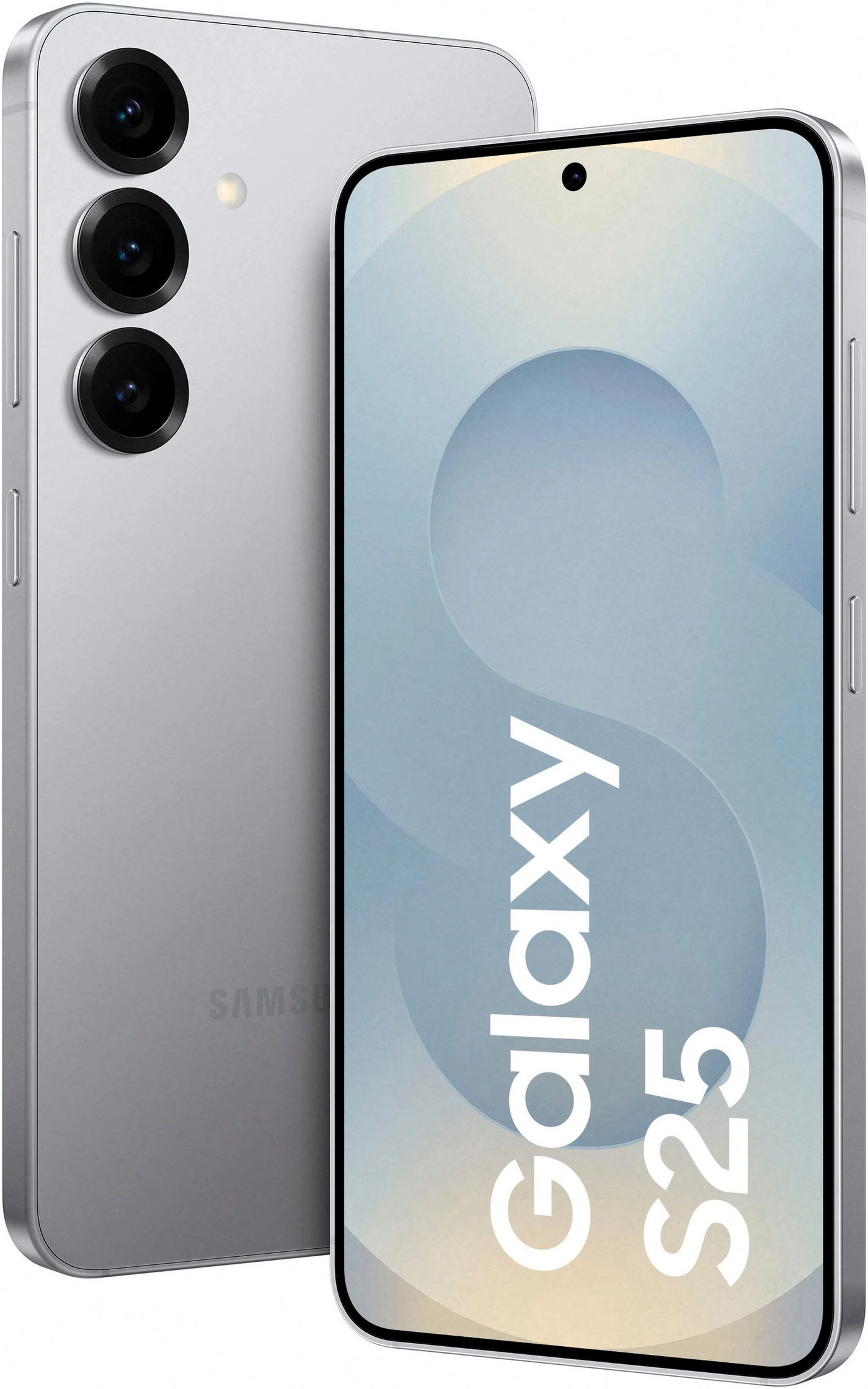 Ein silbernes Samsung Galaxy S25 Smartphone mit drei Kameras