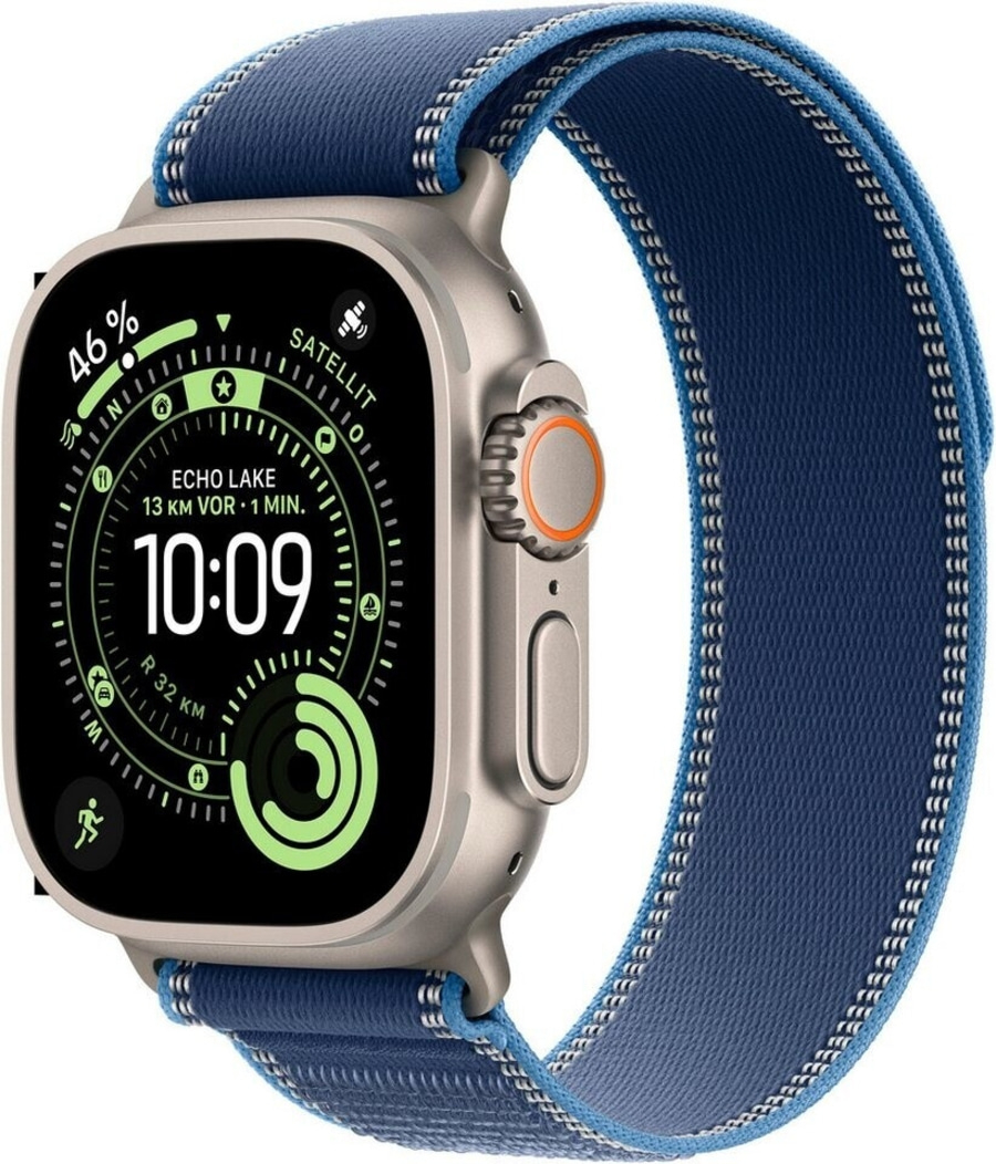 Eine nahaufnahme einer Apple Watch Ultra mit einem blauen Armband
