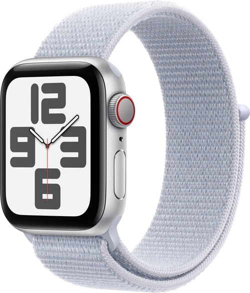 Apple Watch mit hellblauem Armband, Nahaufnahme, elegant und modern