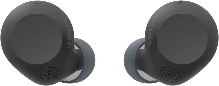 Schwarze Sony Kopfhörer mit silbernem Logo auf weißem Hintergrund.