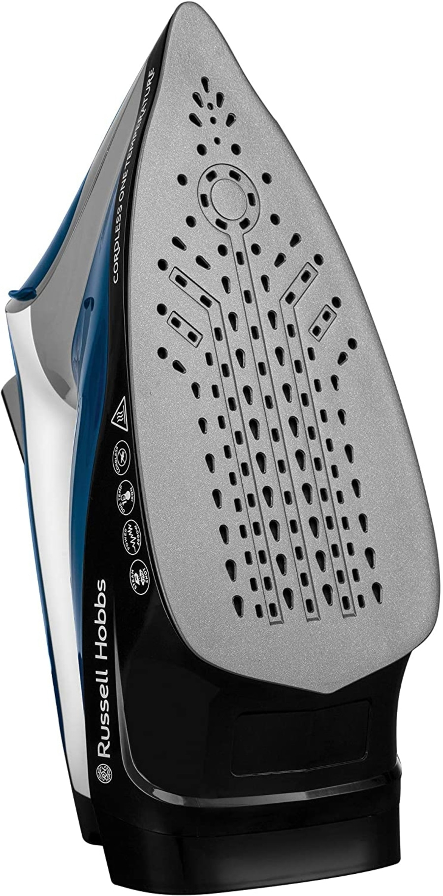 Drahtloses Bügeleisen von Russell Hobbs, blau und schwarz, Nahaufnahme