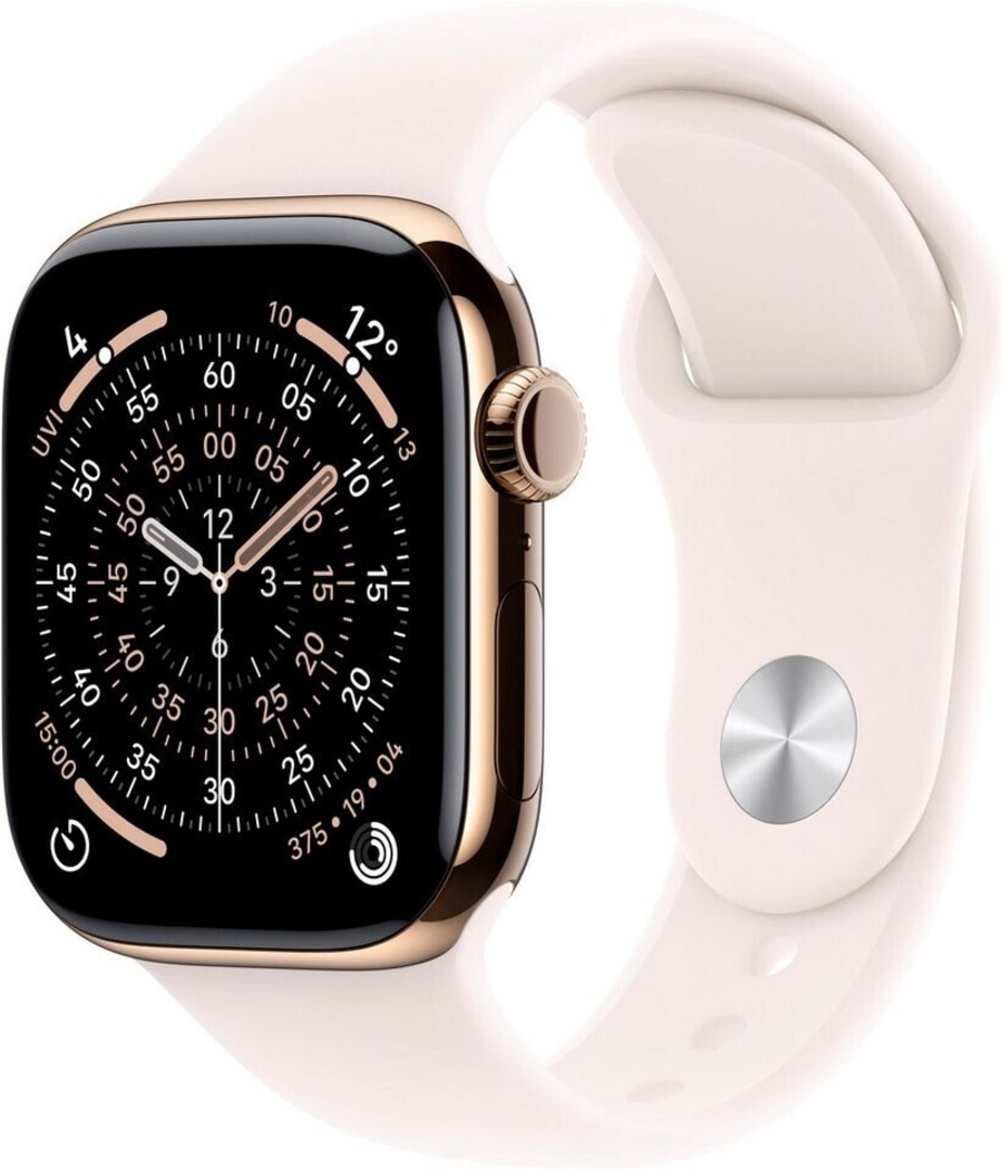 Eine goldene Smartwatch mit weißem Armband und vielen Informationen auf dem Display.