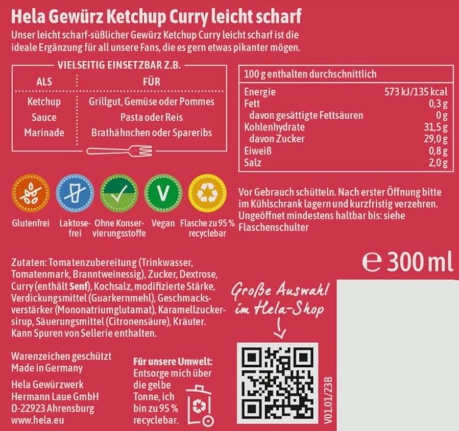 HELA Gewürz Ketchup Curry leicht scharf 12x300ml MHD 31.05.26 Abverkauf Sauce
