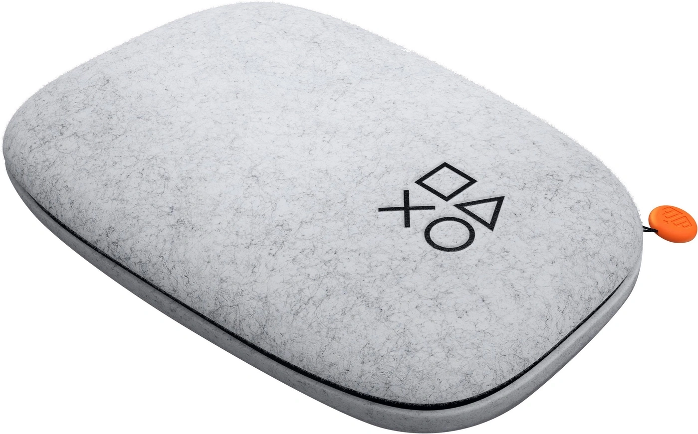 Graues Etui mit PlayStation-Symbolen und orangefarbenem Reißverschlussgriff.