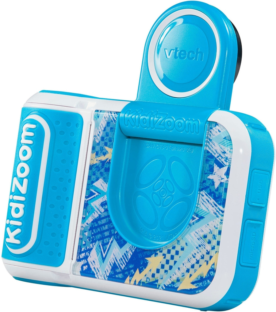 Ein blauer und weißer VTech Kidizoom Kinderkamera mit verschiedenen Mustern