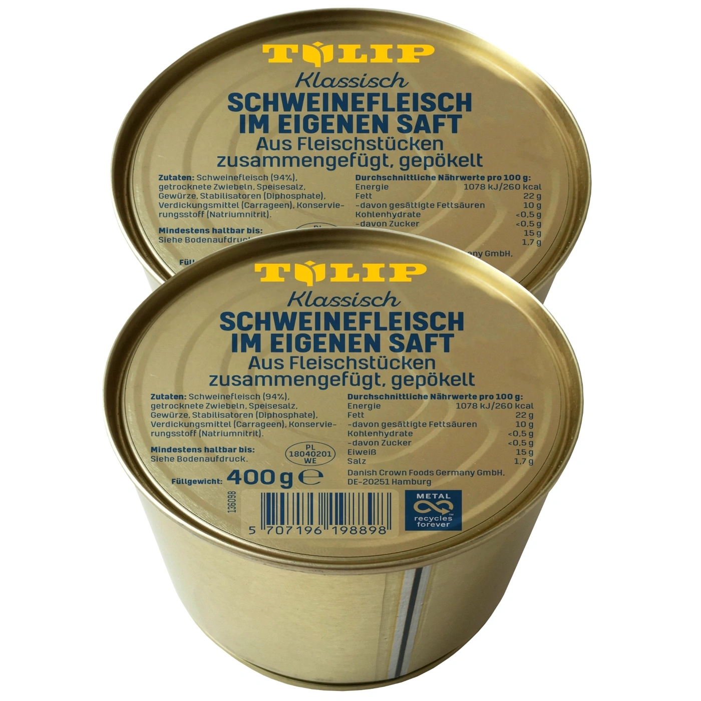 Zwei Dosen Schweinefleisch in eigenem Saft, mit Nährwertangaben und Zutatenliste.