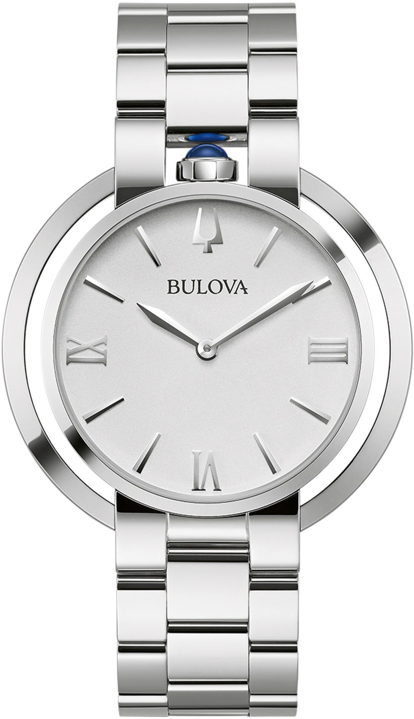 Bulova Damenuhr, silbernes Zifferblatt, römische Ziffern, Edelstahlarmband, elegantes Design.