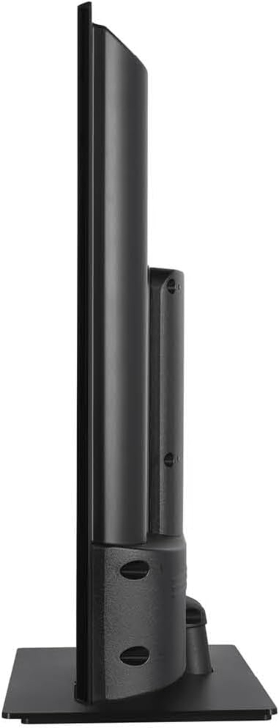 Schwarzer Fernseher, Seitenansicht, mit Standfuß, schlankes Design, modernes Gerät, Technologie.