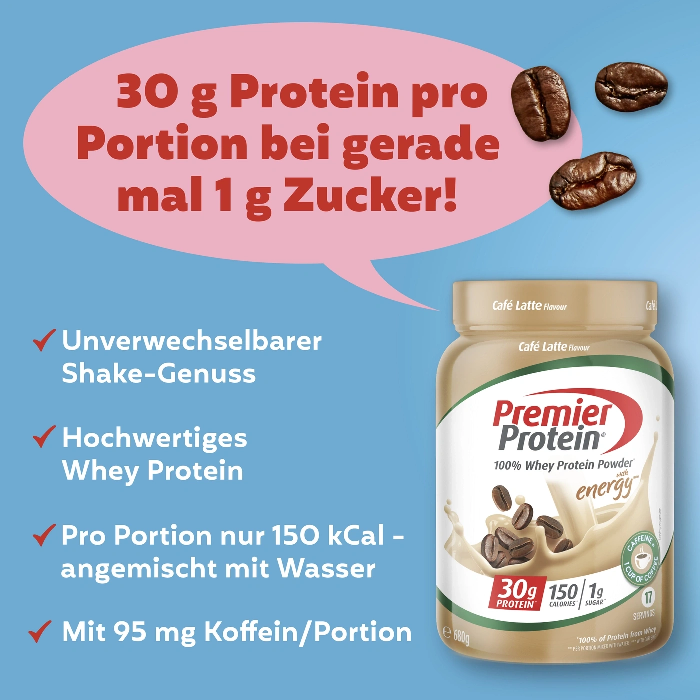Protein Pulver mit Kaffee-Geschmack, 30g Protein, 1g Zucker, 150 kcal pro Portion.