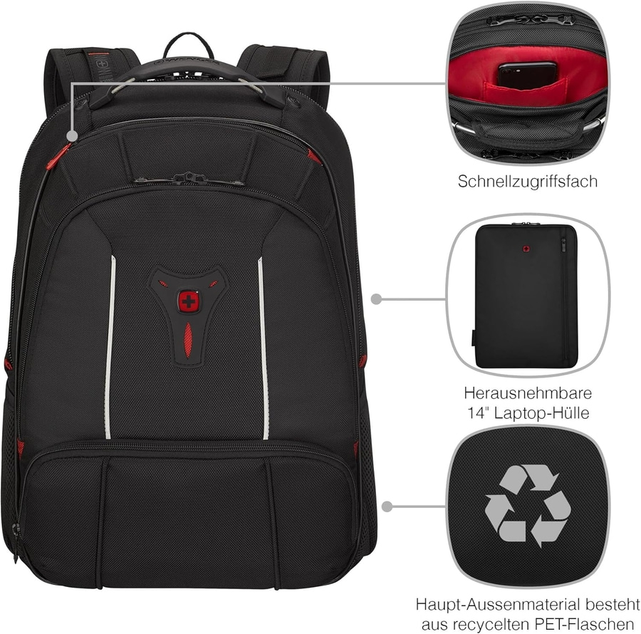 Schwarzer Rucksack mit Laptop-Hülle und Recycling-Material, Schnellzugriffsfach.