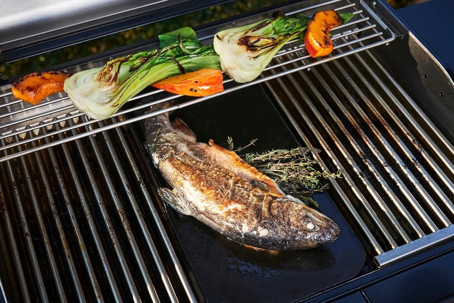 Gegrillter Fisch und Gemüse auf einem Grill. Köstliches Essen zubereiten.