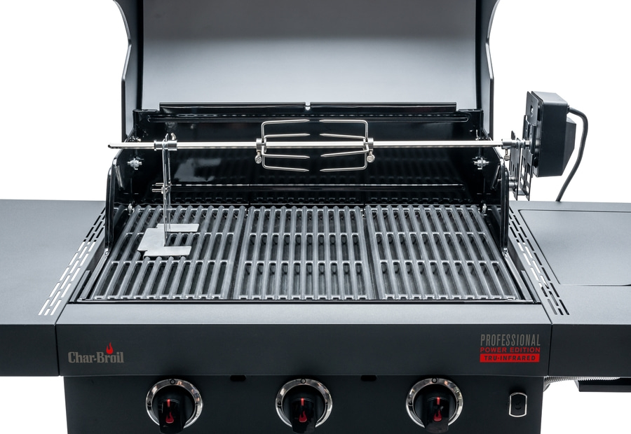 Schwarzer Grill mit Rotisserie und Bedienknöpfen, Nahaufnahme, professionelle Power Edition