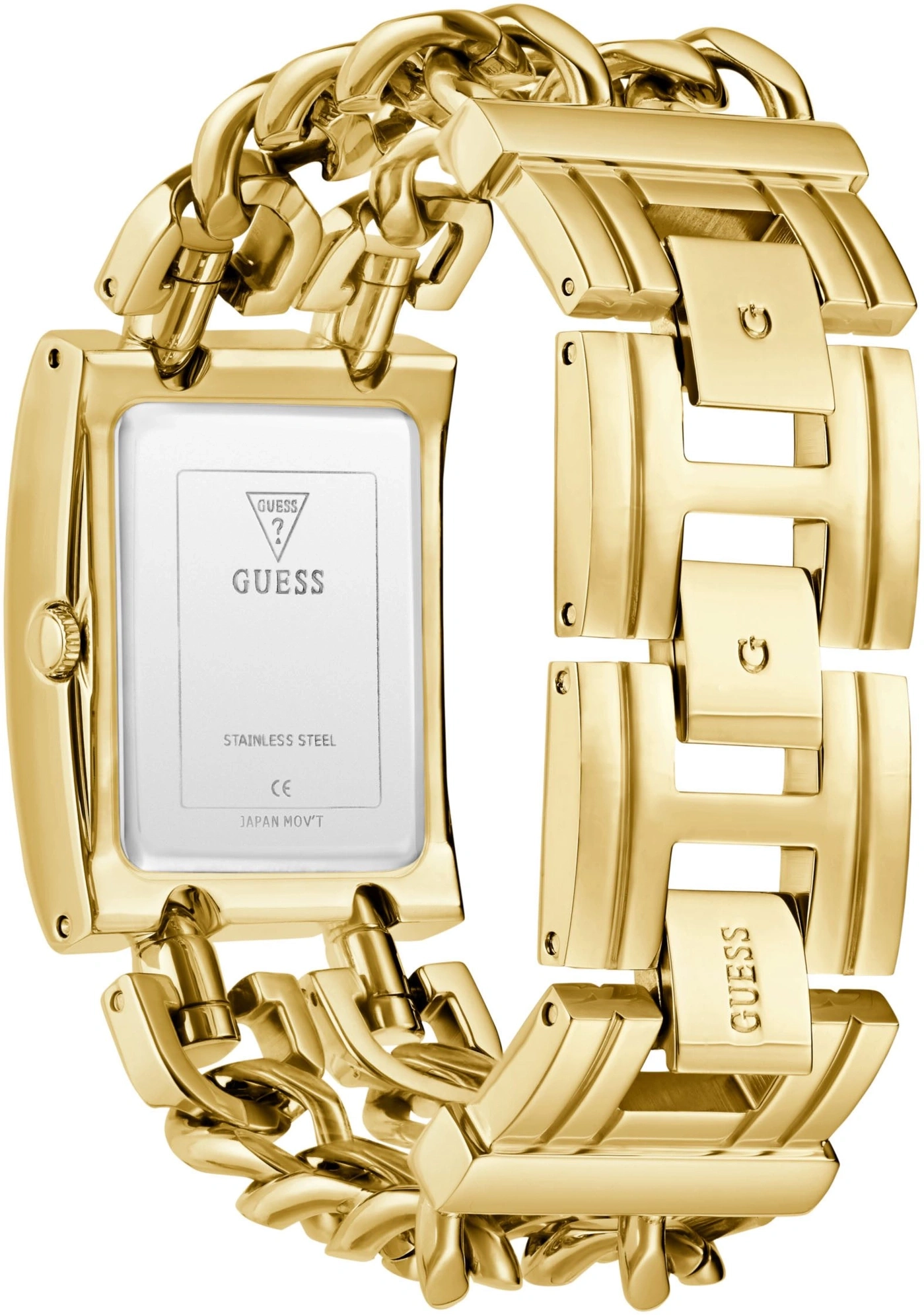 Goldene Guess-Uhr mit
auffälligem
Armband und
Edelstahl-Gehäuse