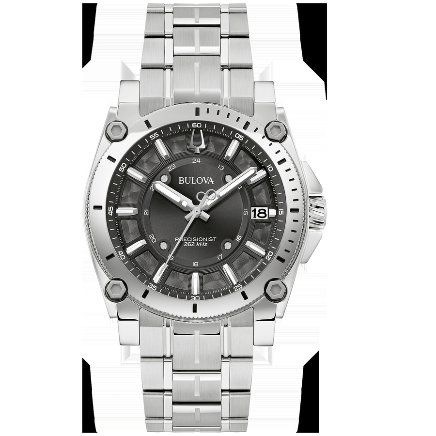 Bulova Precisionist Herrenuhr, silbernes Armband, schwarzes Zifferblatt, Datumsanzeige, 262 kHz