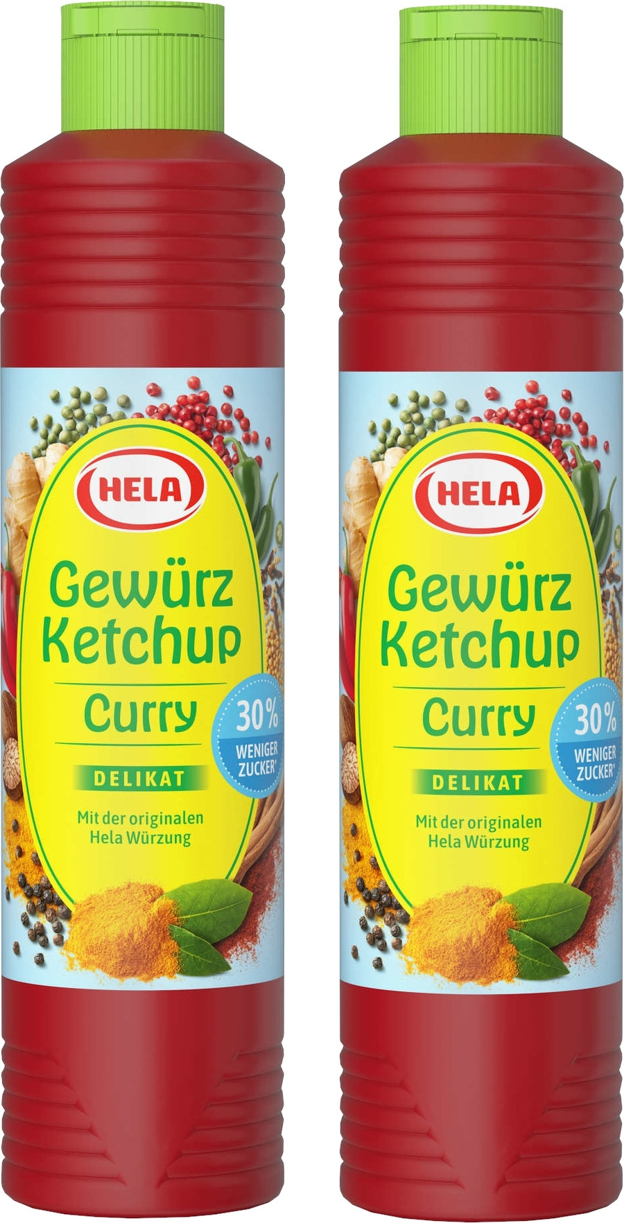 2 x Hela Ketchup Curry delikat 30% weniger Zucker Gewürzketchup 800 ml Flasche