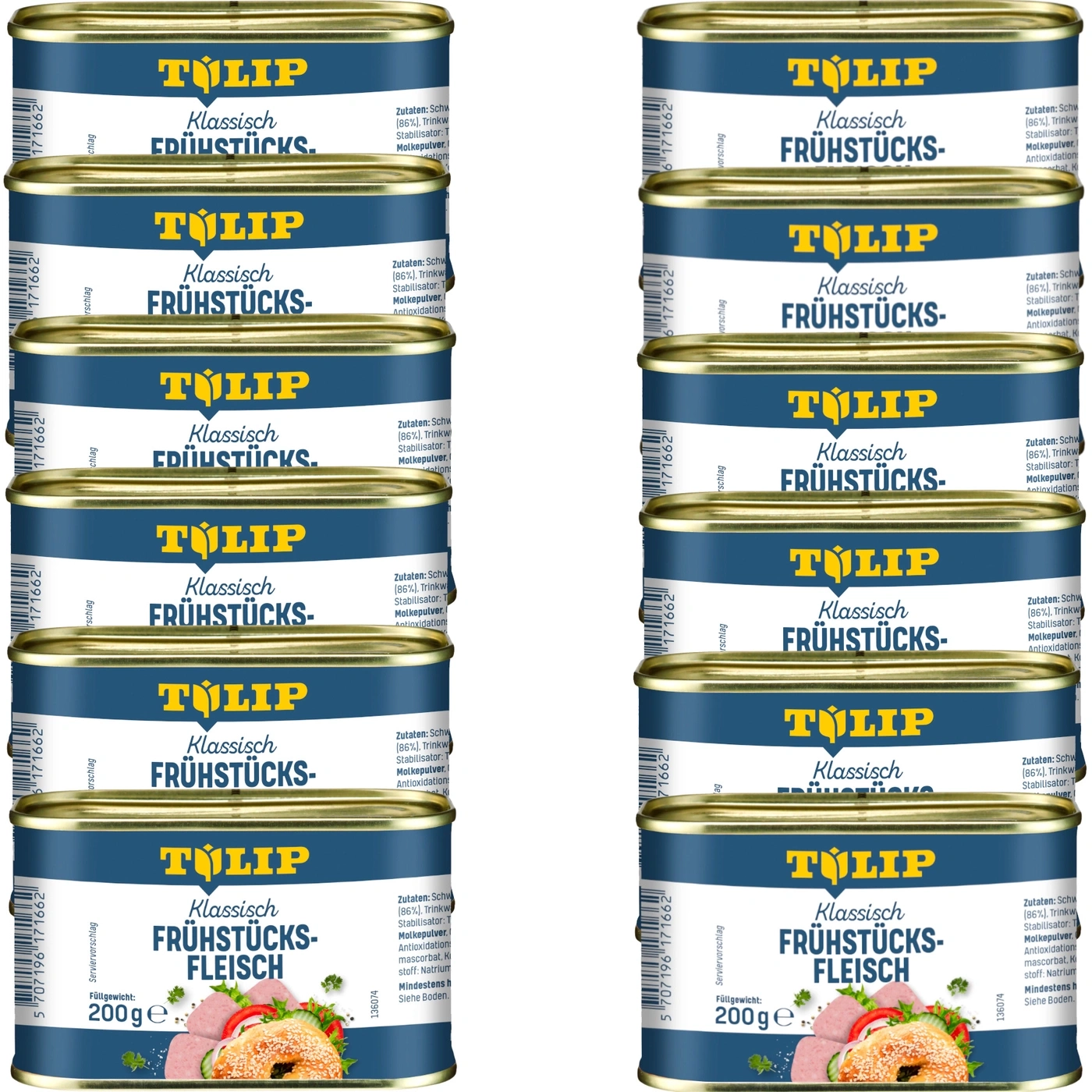 Mehrere Dosen Tulíp Klassisch Frühstücksfleisch und Frühstück.